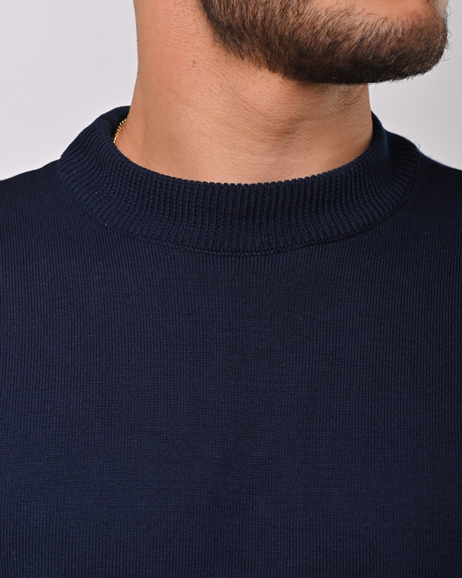 Navy blue knit short sleeve high neck T-shirt