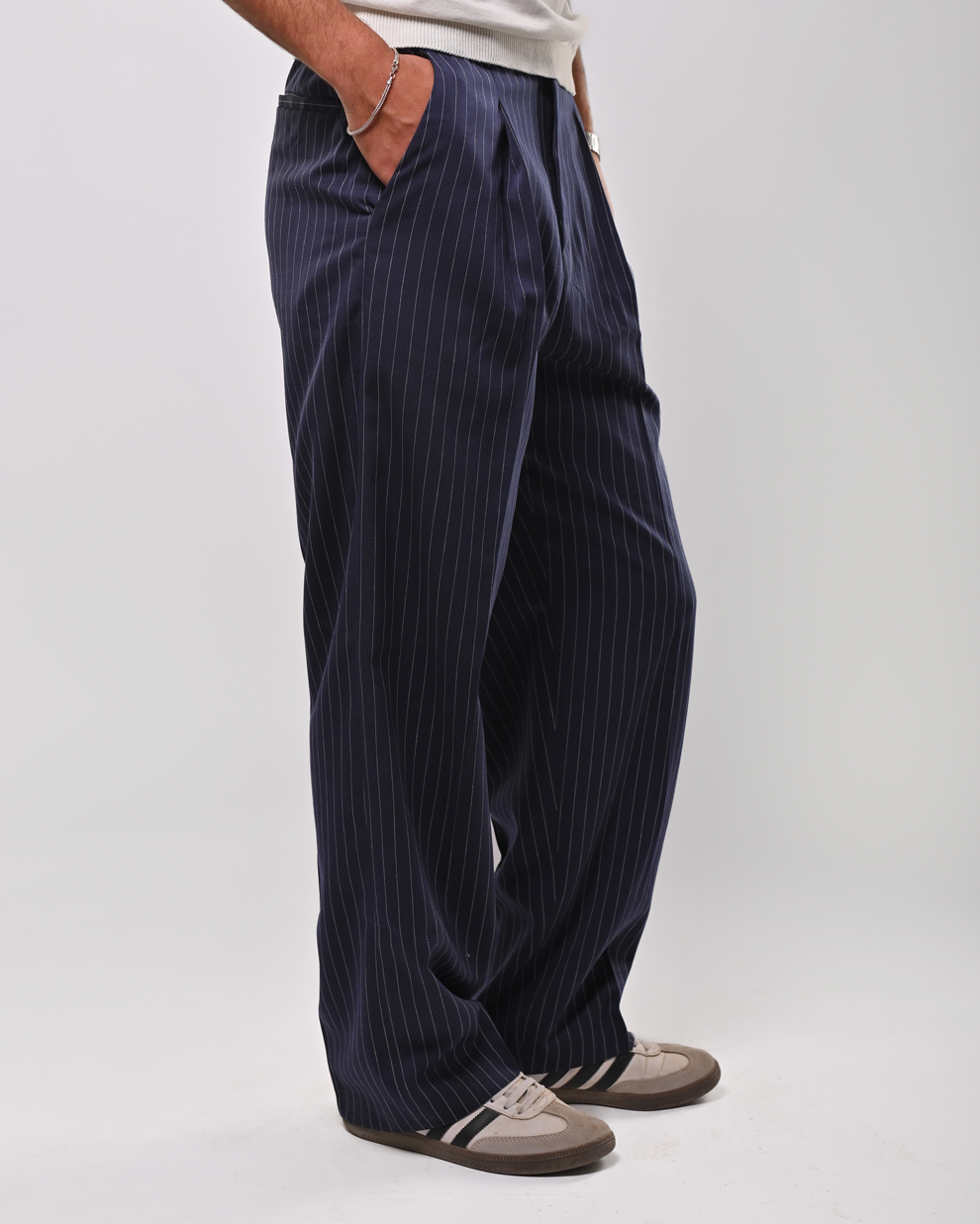 Navy Men's Woven Striped wide leg