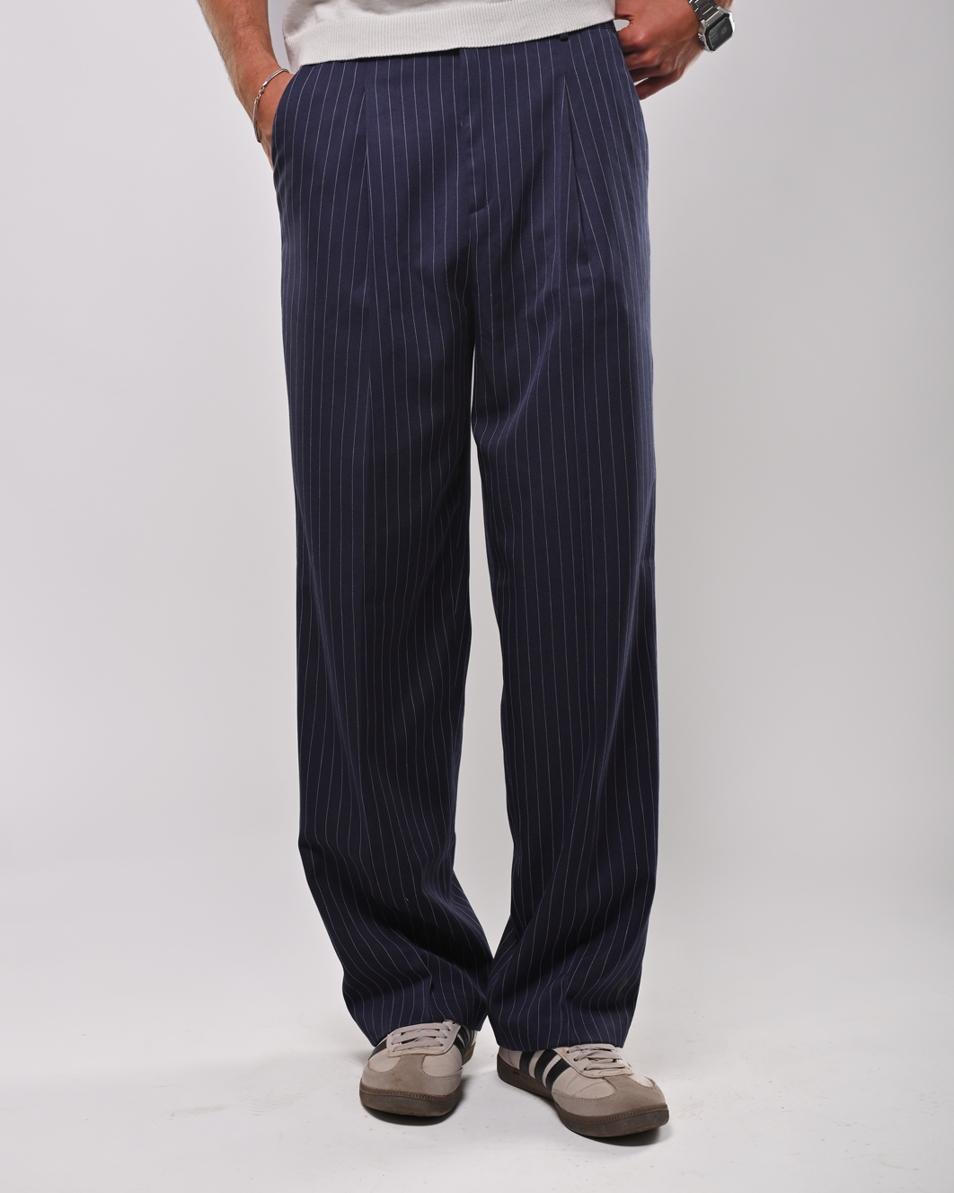Navy Men's Woven Striped wide leg