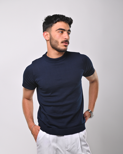 Navy blue knit short sleeve high neck T-shirt
