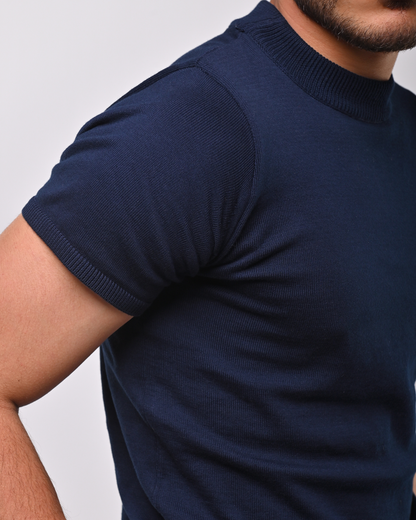 Navy blue knit short sleeve high neck T-shirt